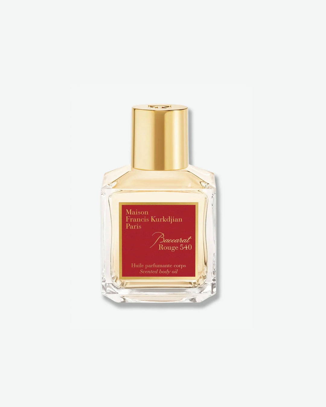 Front view of a square clear glass bottle with a polished gold cap containing Maison Francis Kurkdjian Paris "Baccarat Rouge 540" Scented body oil (Huile parfumante corps), featuring a rich red and gold label.