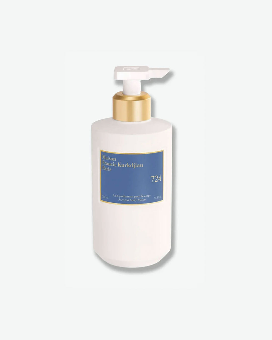 Front view of a white plastic pump bottle of Maison Francis Kurkdjian Paris "724" Scented body lotion (Lait parfumant pour le corps) in a 350 ml size, featuring a bright blue and gold label with a gold and white pump mechanism.