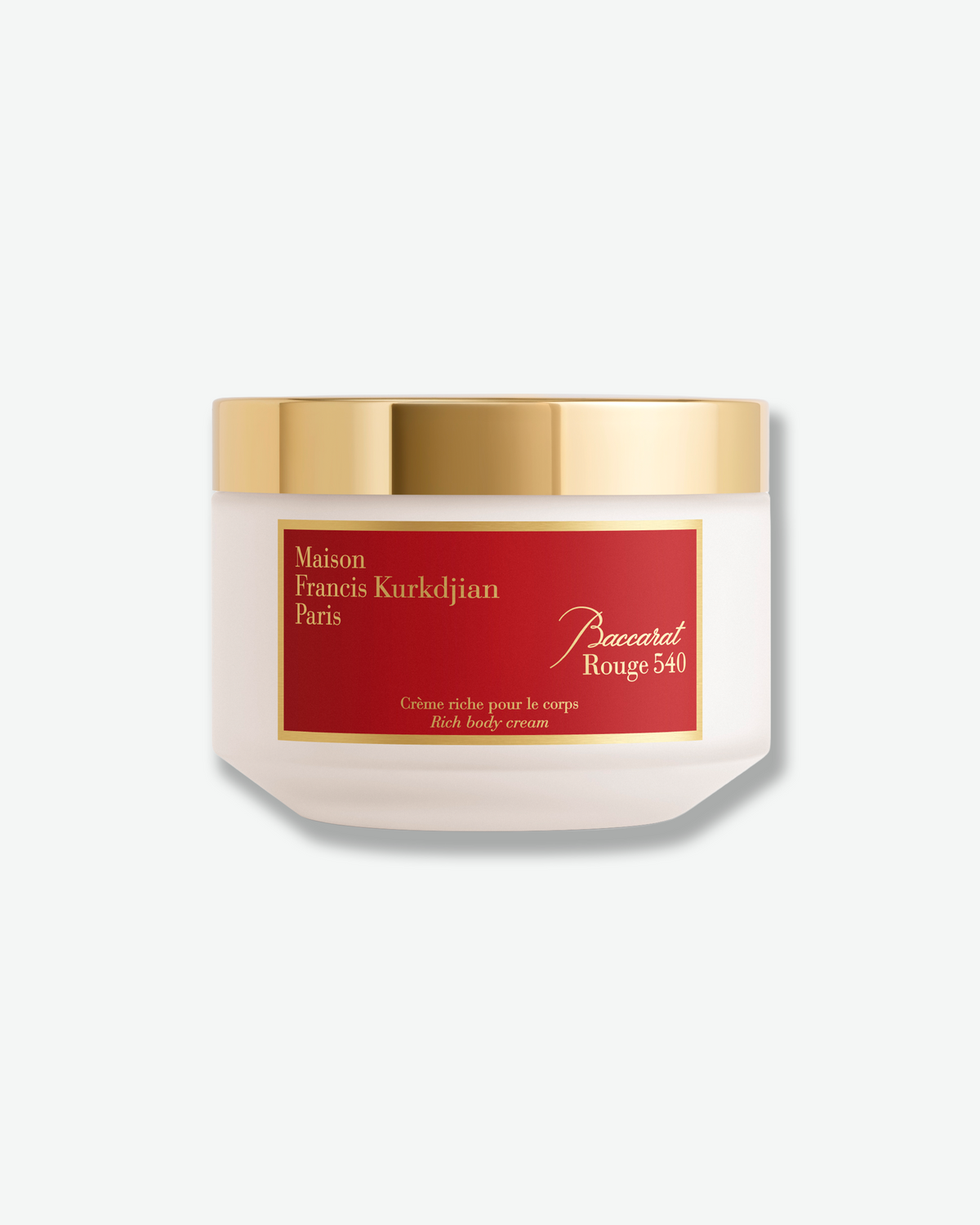 Maison Francis Kurkdjian Baccarat Rouge 540 Rich Body Cream in a frosted white jar with a gold lid and signature red-and-gold label.