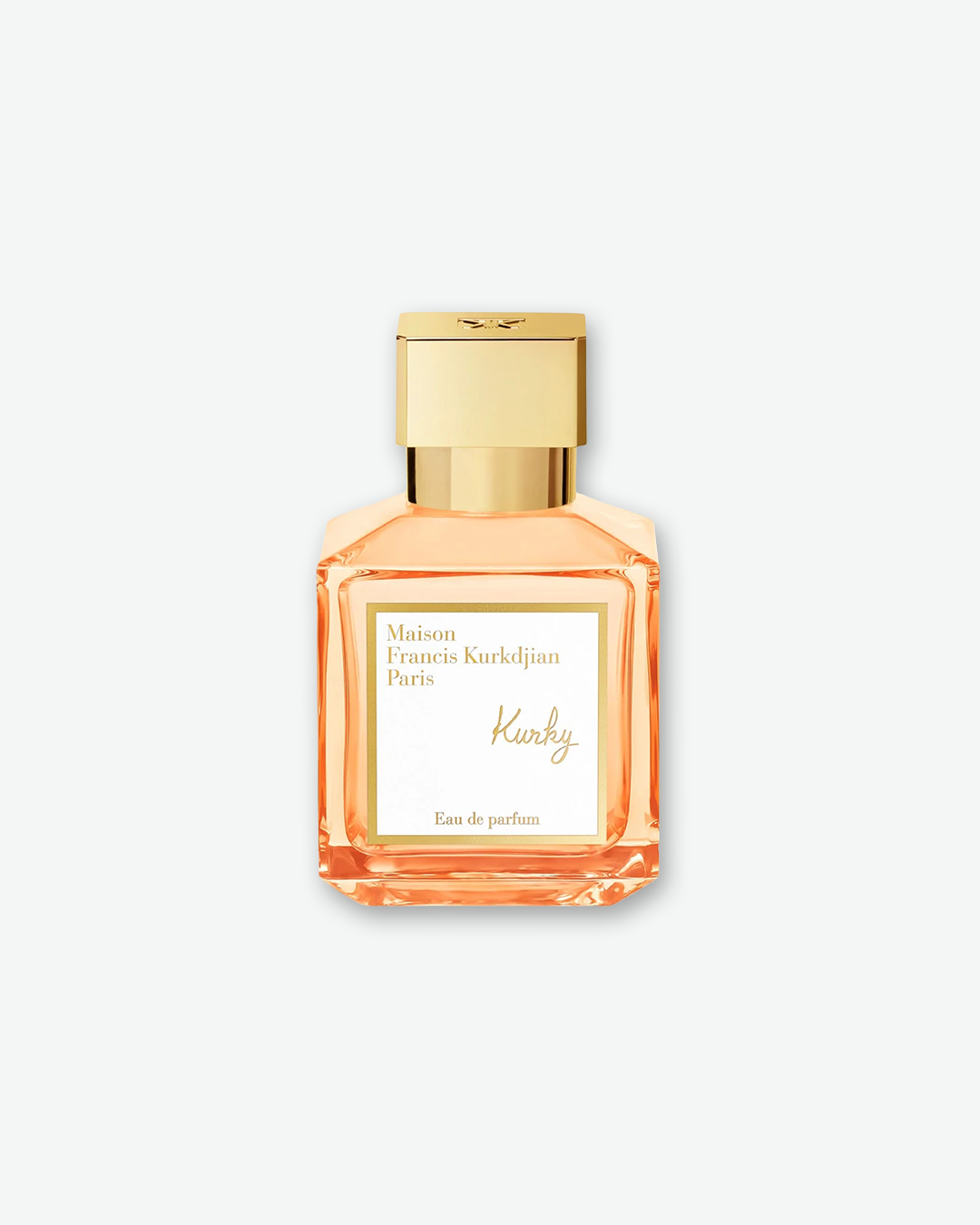 Front view of a standard-sized Maison Francis Kurkdjian Paris "Kurky" Eau de Parfum bottle. The clear, heavy-bottomed square glass bottle contains a vibrant peach-colored liquid and is topped with a polished gold metallic cap. The white label features a gold border and the product name "Kurky" in gold script.