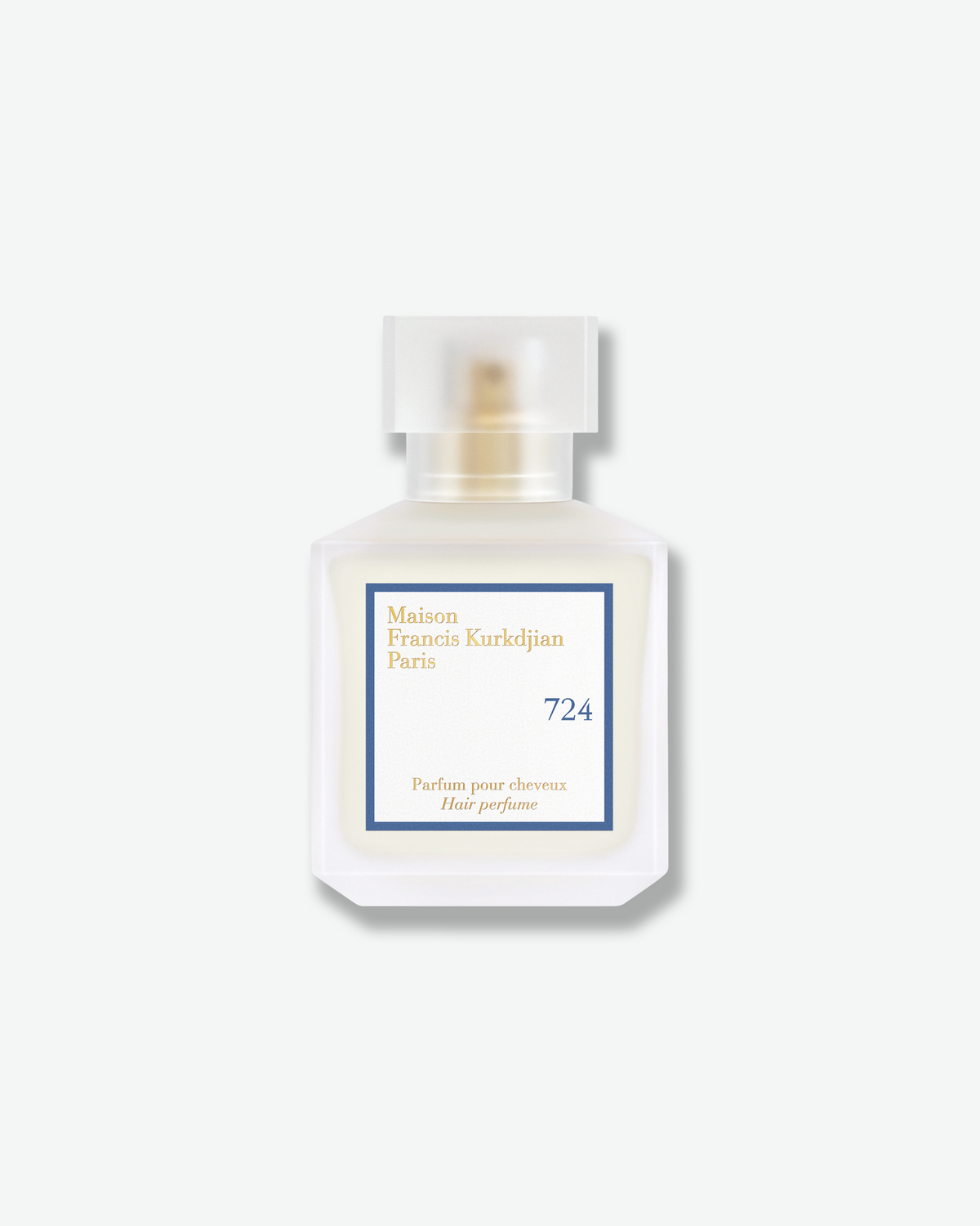 Maison Francis Kurkdjian 724 Hair Perfume bottle in frosted glass with blue-bordered label.