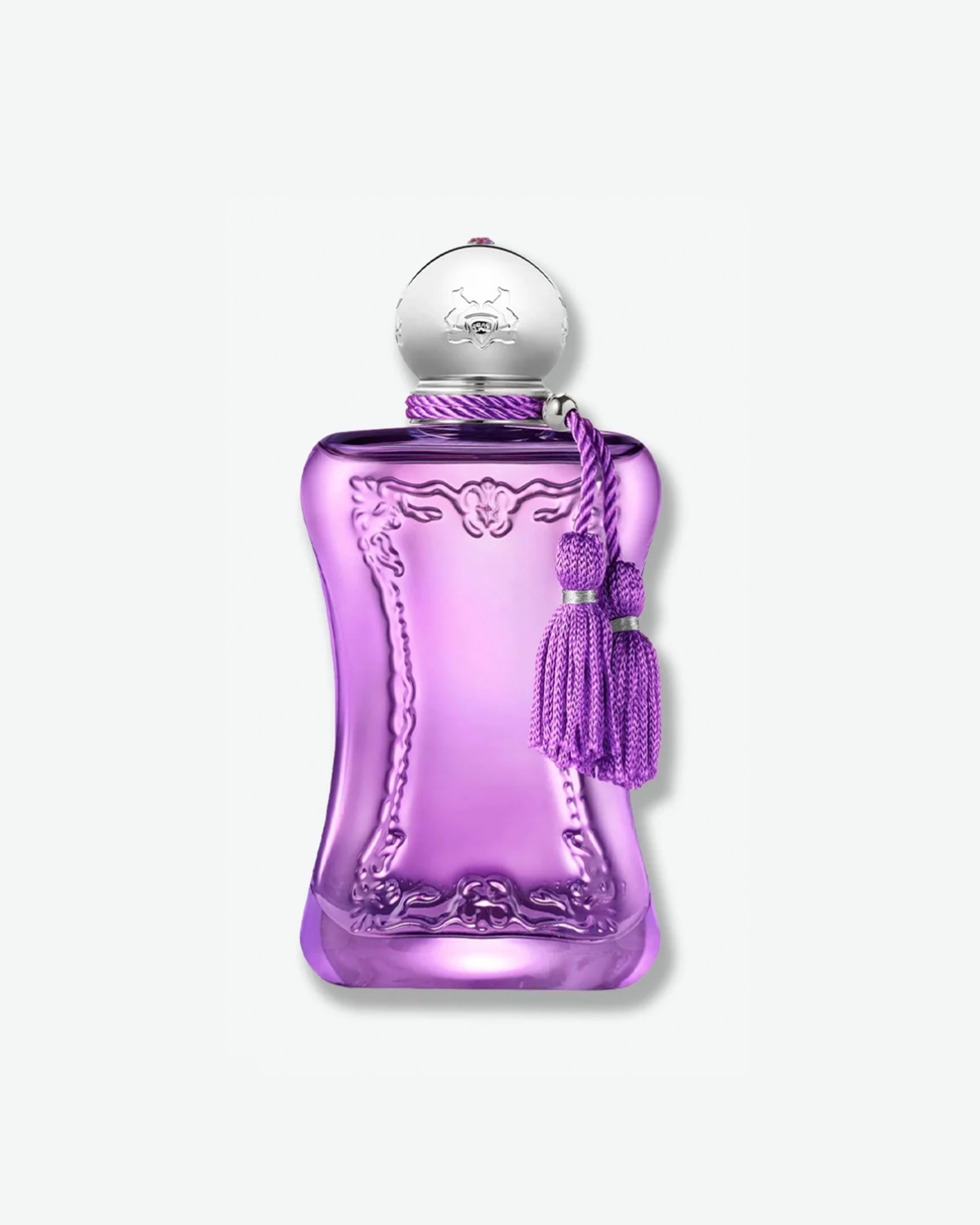 Purple perfume bottle with a decorative element on a white background