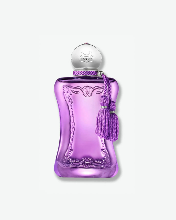 Purple perfume bottle with a decorative element on a white background
