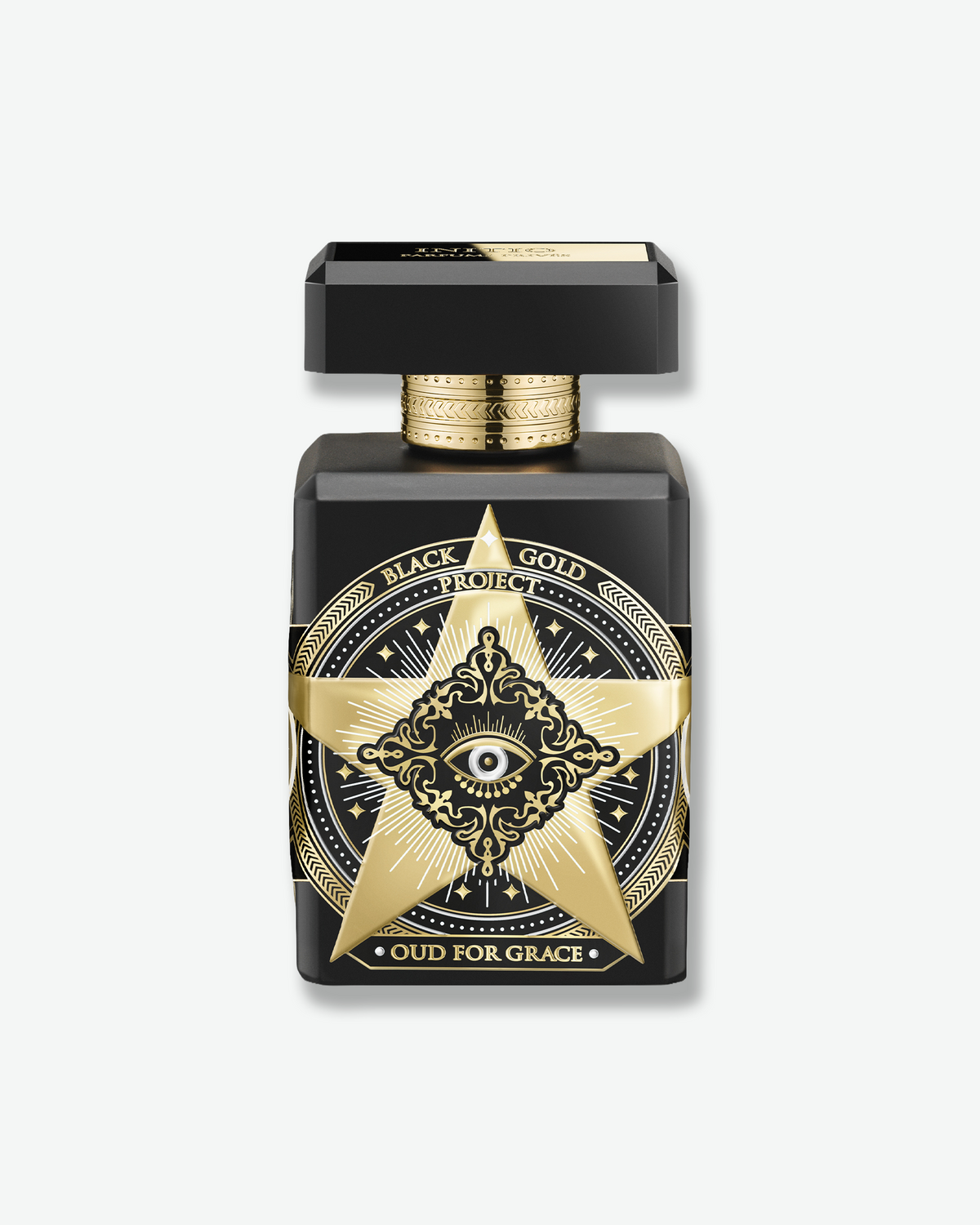 Initio Oud for Greatness Black Gold Project fragrance bottle in matte black with ornate gold star and eye detailing.