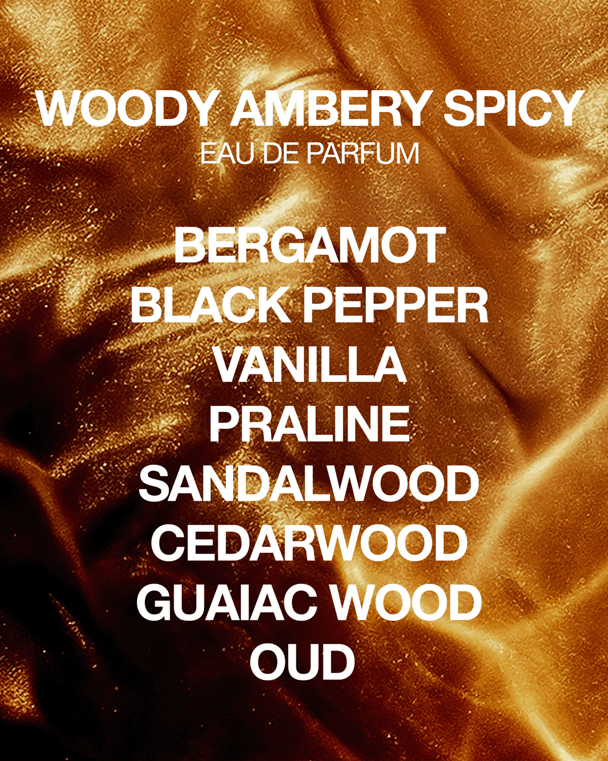 Golden textured background featuring the scent profile for Initio Oud for Greatness Black Gold Project: bergamot, black pepper, vanilla, praline, sandalwood, cedarwood, guaiac wood, and oud.