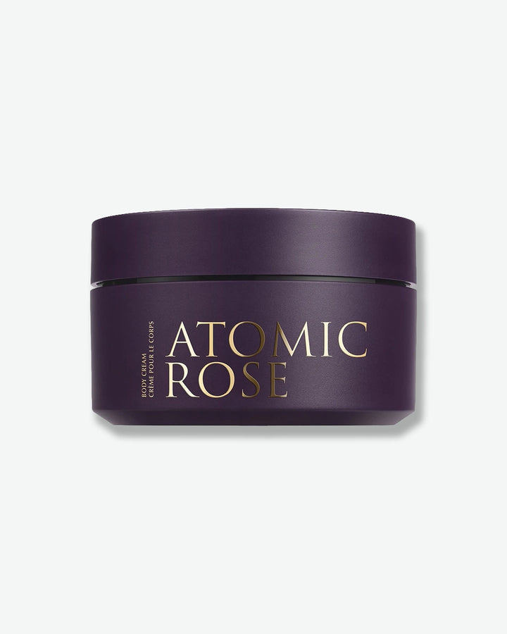 Purple jar of 'Atomic Rose' on a white background