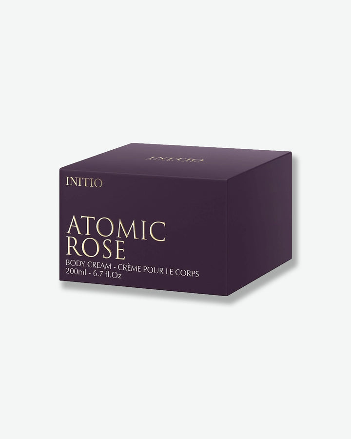 Box of Initio Atomic Rose body cream on a white background