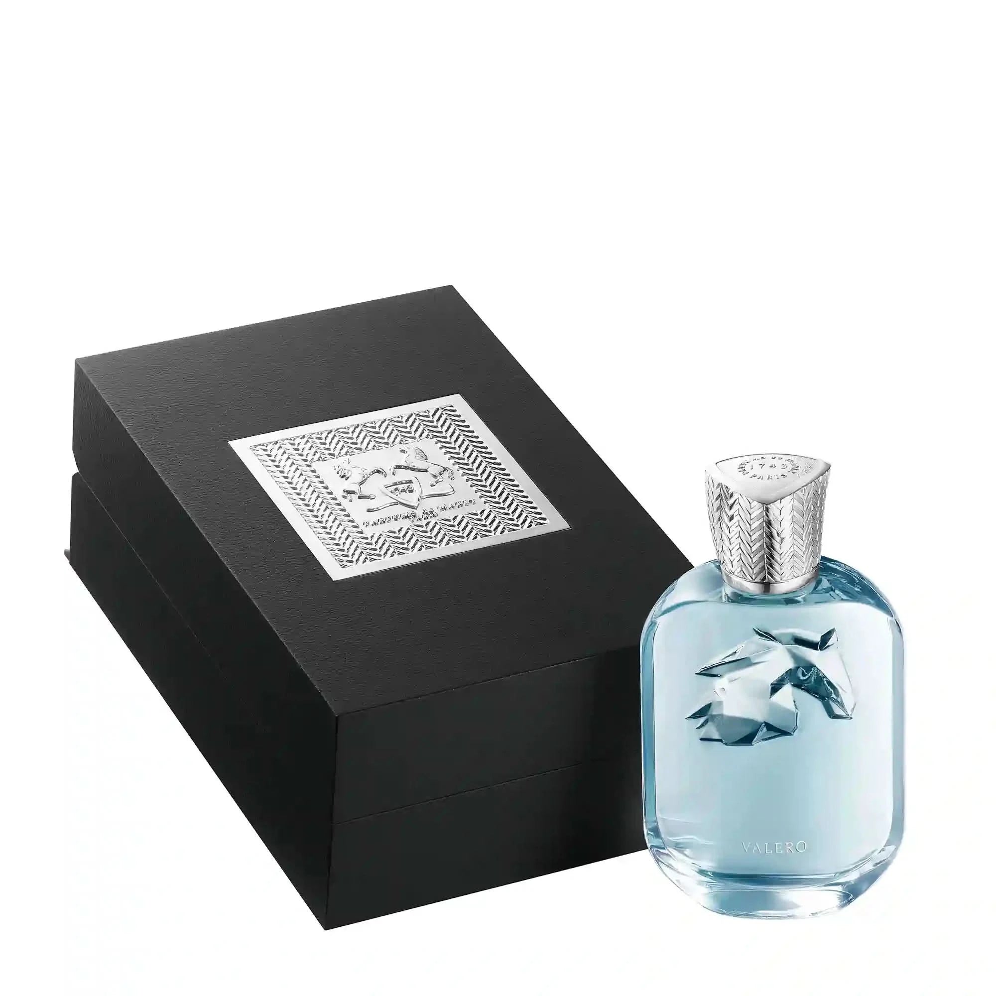 Perfume bottle with black box on a white background