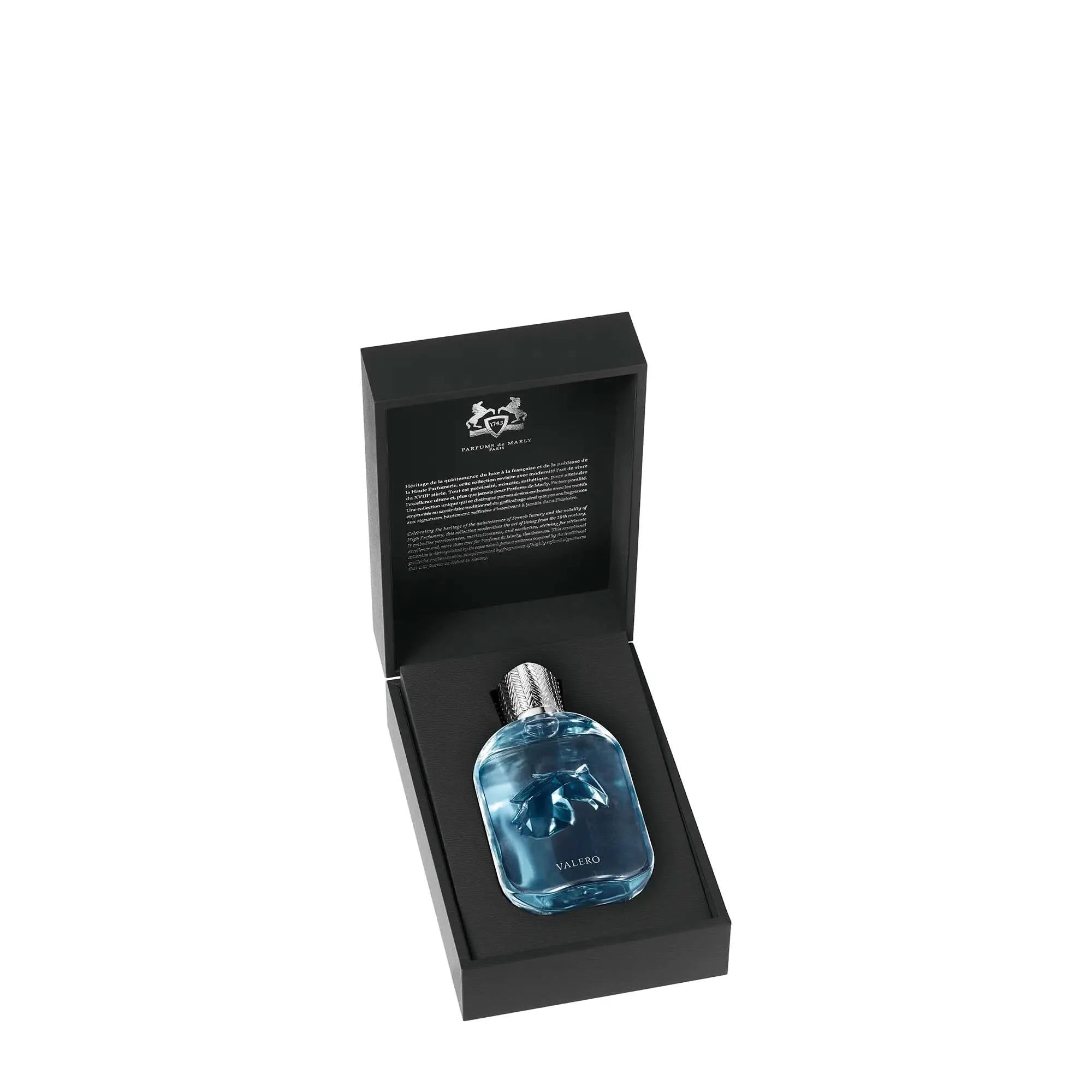 Blue perfume bottle in a black box on a white background