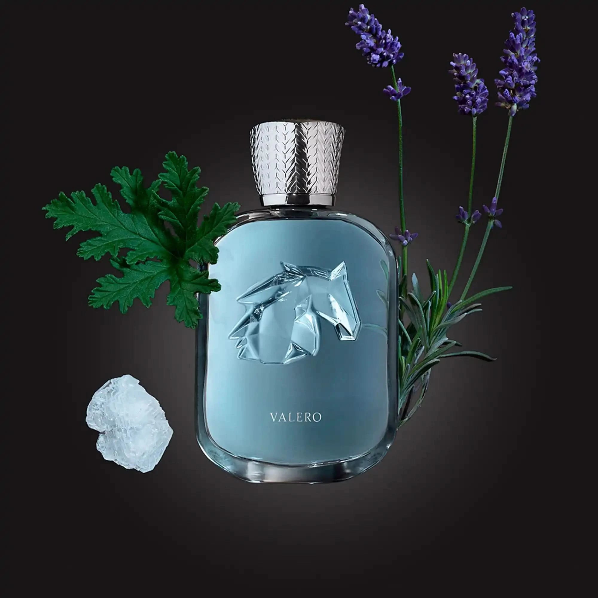 Perfume bottle with horse emblem, surrounded by lavender and green leaves on a dark background