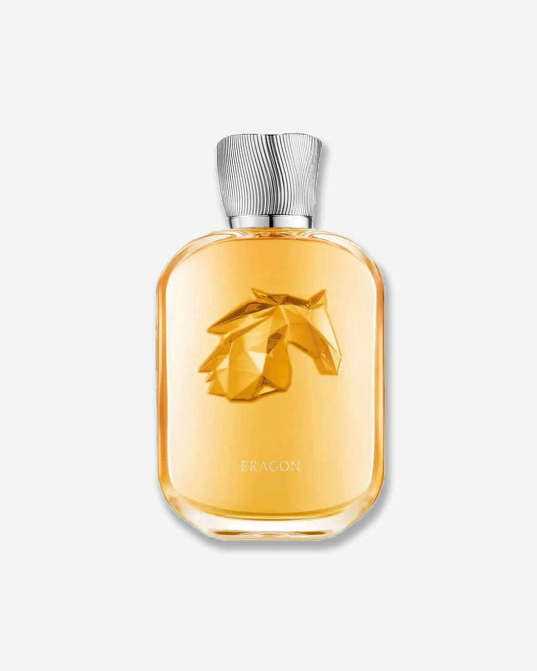 Perfume bottle with a silver cap on a white background