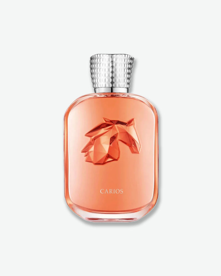 Perfume bottle with a silver cap on a white background