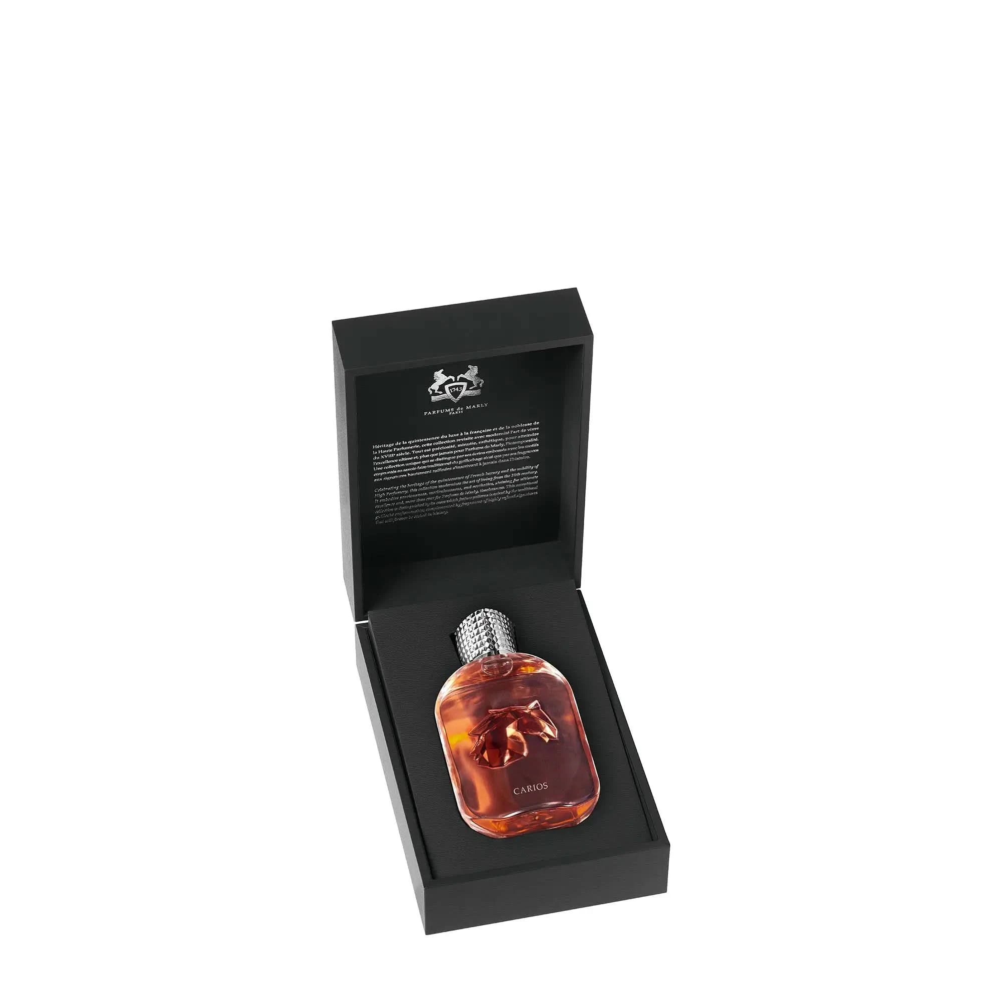 Perfume bottle in a black box with brand logo on a white background