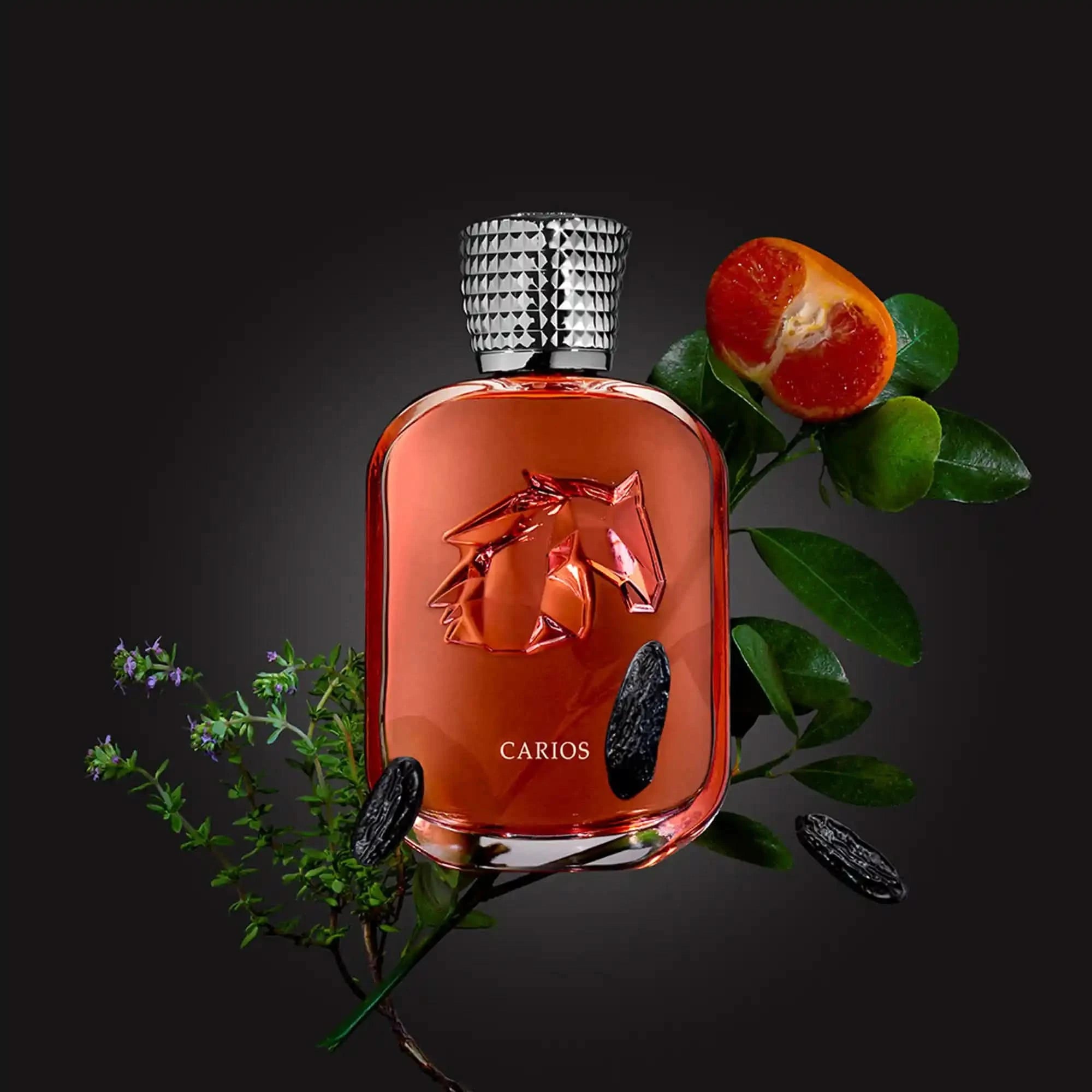 Carios perfume bottle with a horse emblem on a dark background