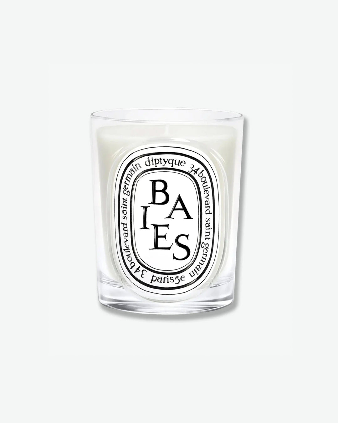 Diptyque Baies scented candle in a classic clear glass jar featuring the signature white oval logo with black lettering, isolated on a light grey background.