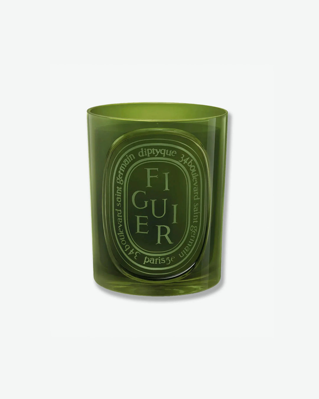 Diptyque Figuier scented candle in a translucent olive green glass jar featuring a matching embossed green oval logo, isolated on a light grey background.