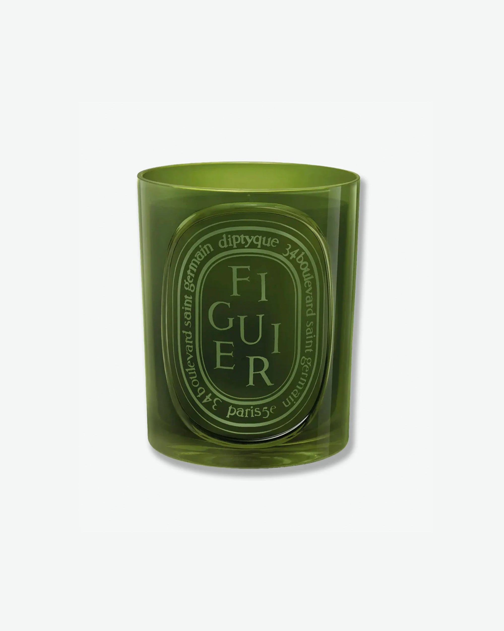 Diptyque Figuier scented candle in a translucent olive green glass jar featuring a matching embossed green oval logo, isolated on a light grey background.