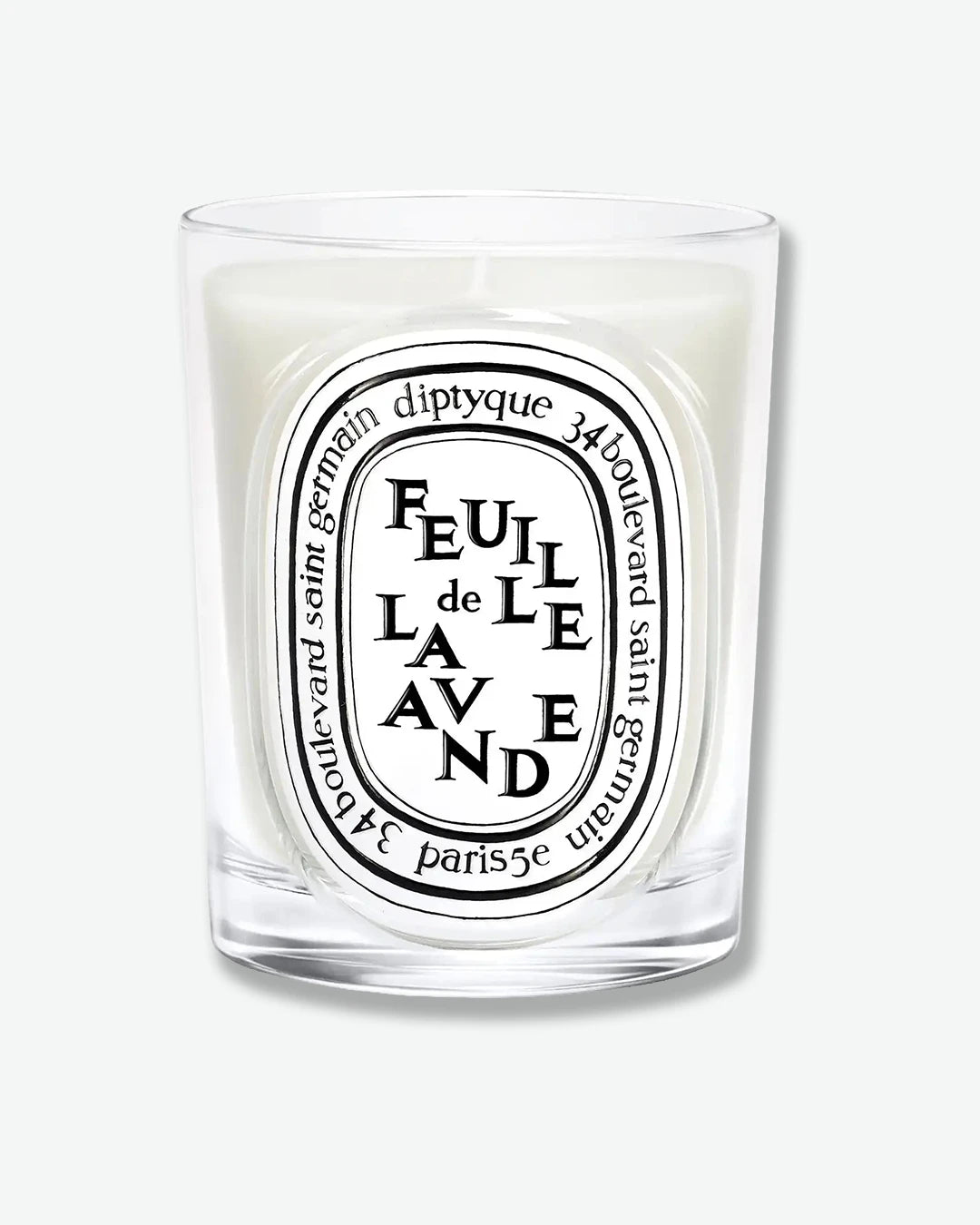 Diptyque candle with 'Feuille de Lavande' label on a white background