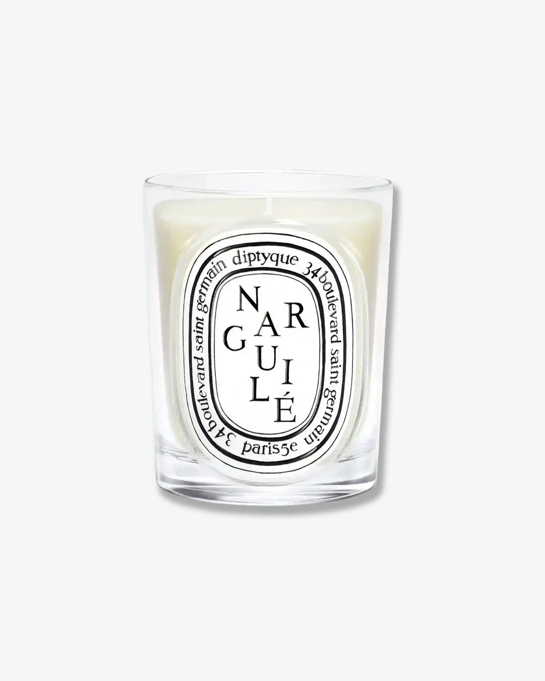 Diptyque Narguilé scented candle in a classic clear glass jar featuring the signature white oval logo with black lettering, isolated on a light grey background.