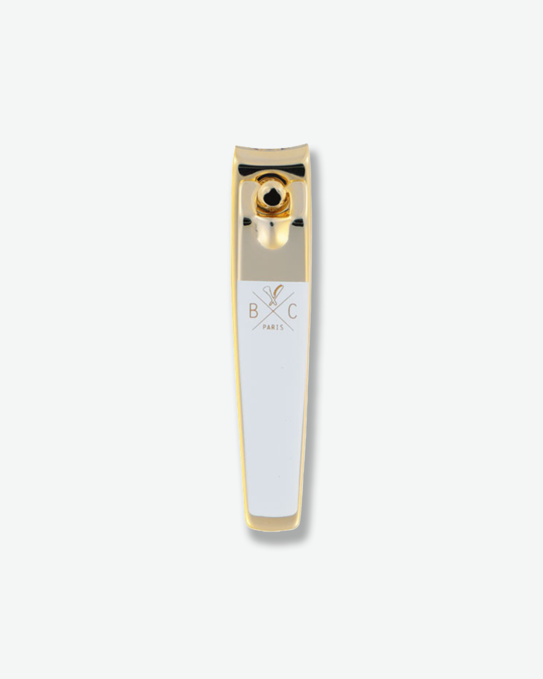 Luxury gold and white nail clippers isolated on a plain white background.