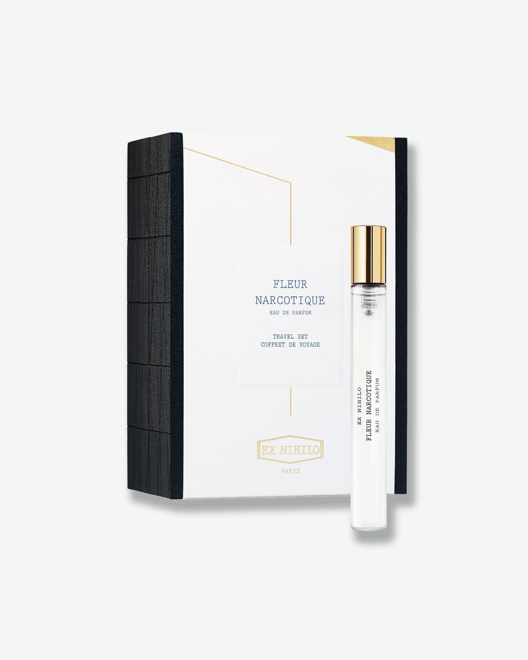 Perfume bottle and packaging with 'Fleur Narcotique' branding on a white background