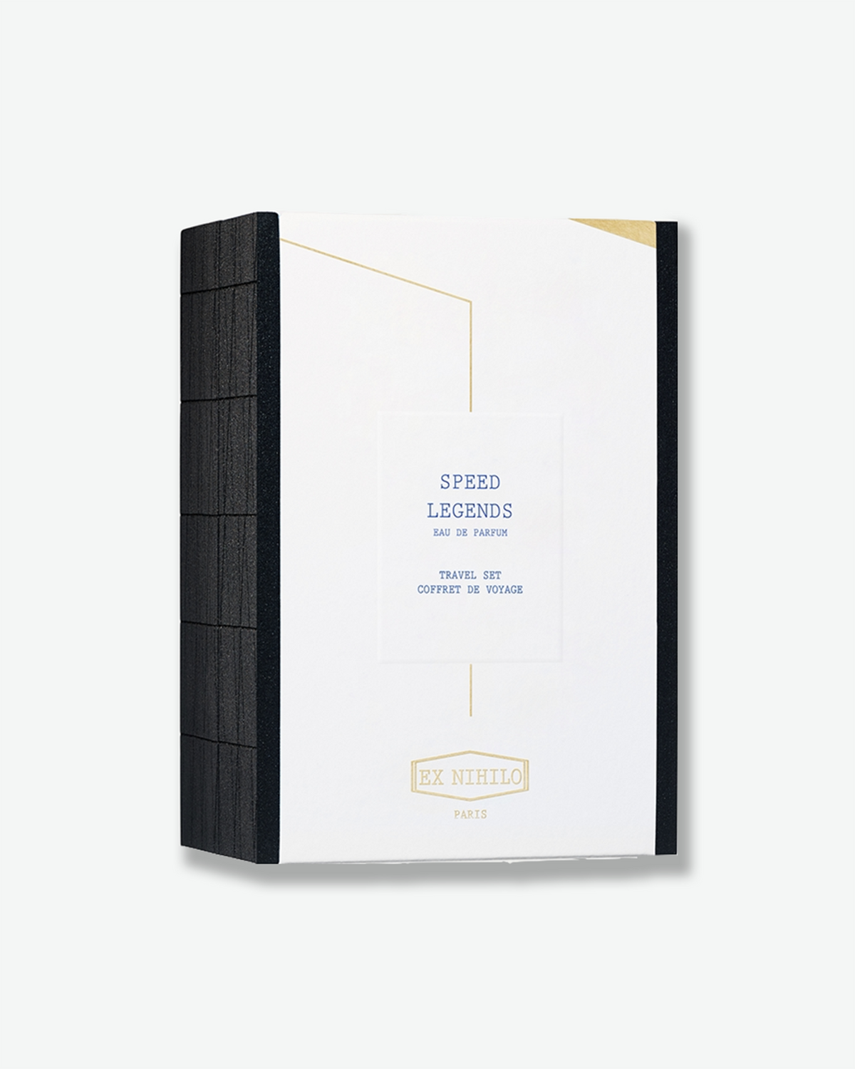 Ex Nihilo Speed Legends Eau de Parfum travel set in a white presentation box with black textured sides, gold accents, and blue lettering.