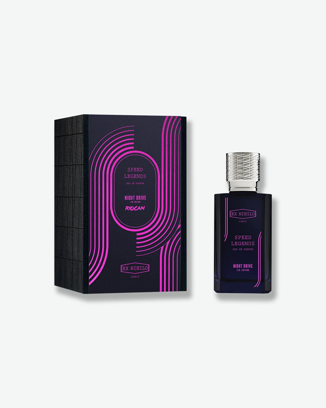 Perfume bottle and packaging with purple design on a white background
