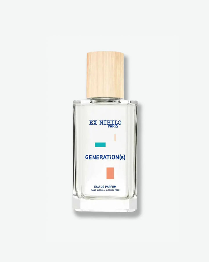 Ex Nihilo Generation(s) Alcohol Free Eau de Parfum in a sleek clear glass bottle topped with a light wood-grain cap, featuring minimalist teal and orange blocks on the front label, isolated on a light grey background.