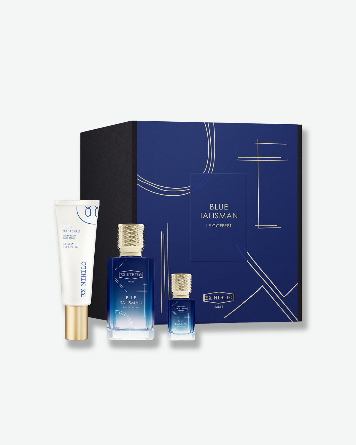 Ex Nihilo Blue Talisman Le Coffret gift box in deep blue with elegant gold geometric detailing and signature Ex Nihilo branding.