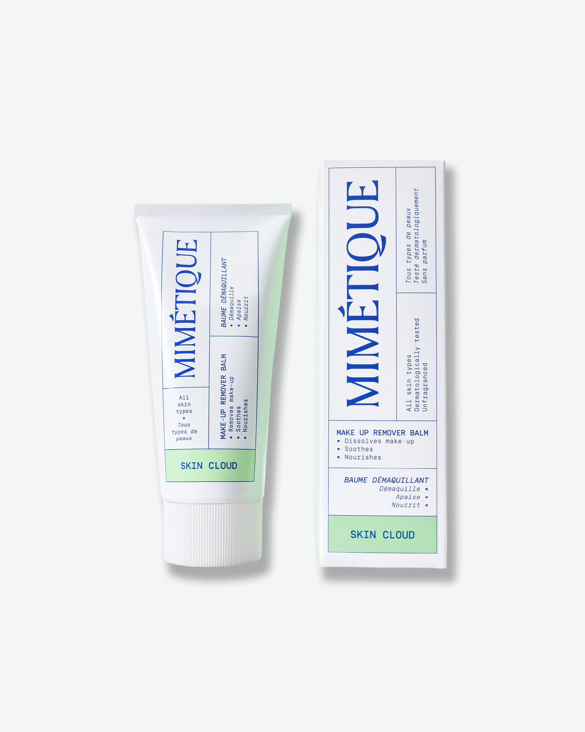 Mimétique Skin Cloud Make Up Remover Balm shown as a white squeeze tube and its matching white cardboard box on a clean, light off-white background.