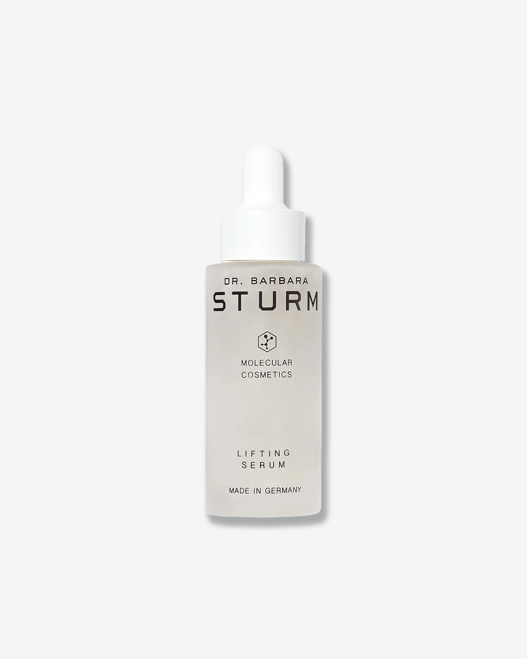 A product shot of a Dr. Barbara Sturm Lifting Serum bottle, centered against a light gray background. The frosted glass bottle contains a slightly translucent liquid and is fitted with a white rubber dropper cap. The text on the front reads "DR. BARBARA STURM", the molecular hexagon logo, "MOLECULAR COSMETICS", "LIFTING SERUM", and "MADE IN GERMANY".