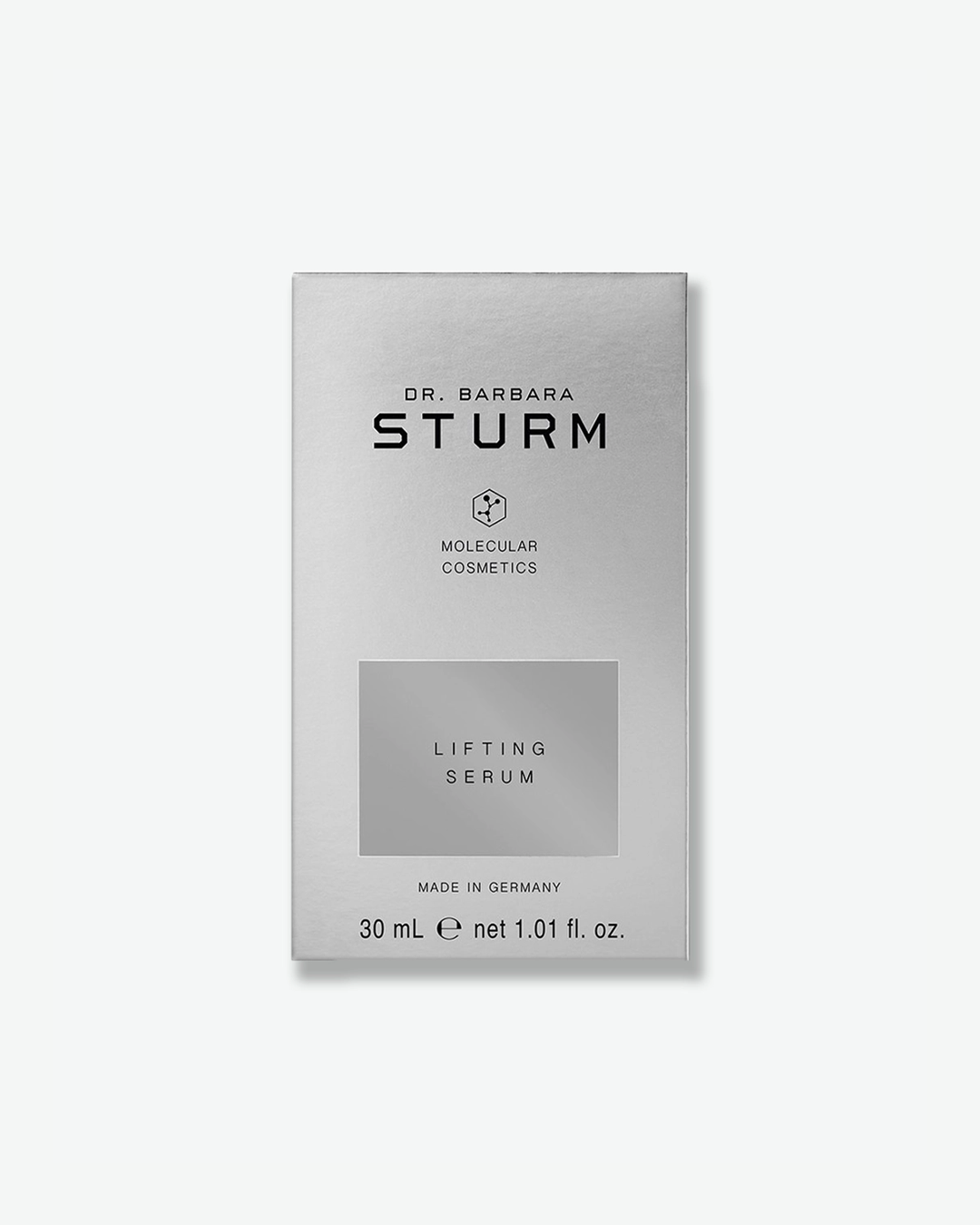 A product shot of the silver cardboard box for Dr. Barbara Sturm Lifting Serum, centered against a light gray background. The box features clean black branding, a gray rectangle highlighting the text "LIFTING SERUM", and the volume notation "30 mL e net 1.01 fl. oz." at the bottom.