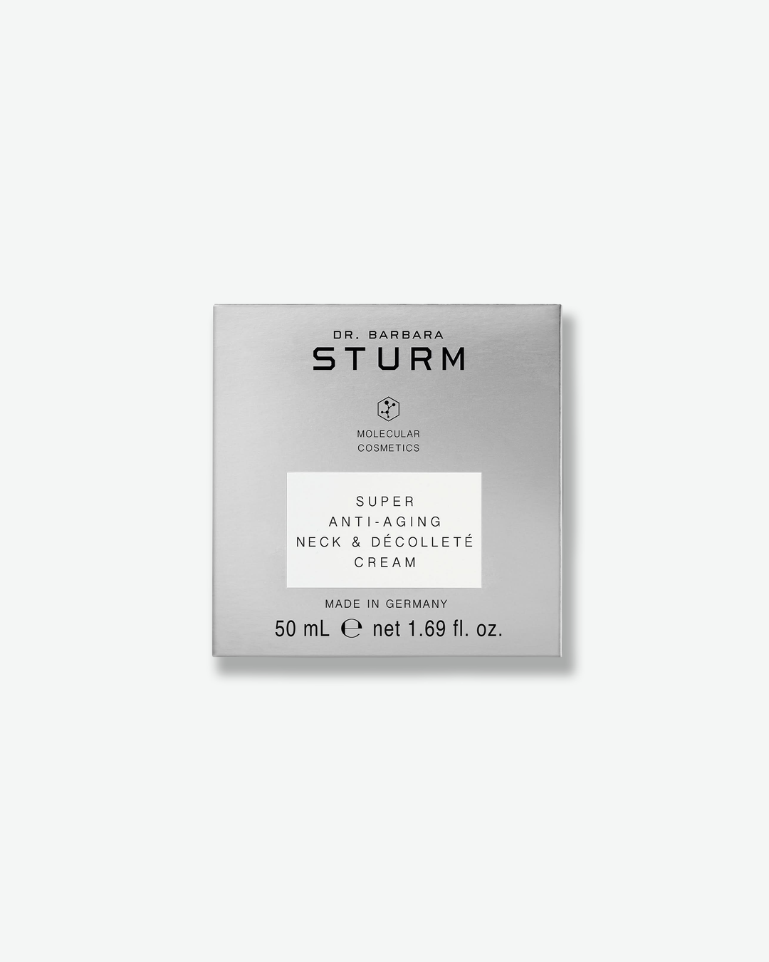 Front view of the square silver cardboard outer packaging box for Dr. Barbara Sturm Super Anti-Aging Neck & Décolleté Cream. The metallic box features minimalist black typography with a central white square containing the product title and details.
