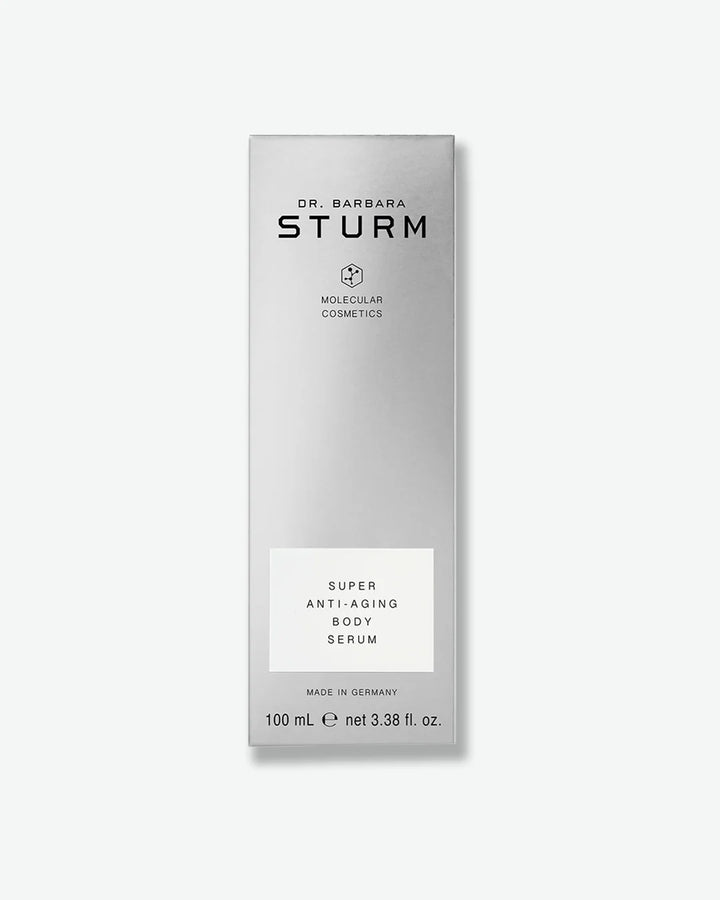 The sleek, metallic silver outer packaging box for Dr. Barbara Sturm Super Anti-Aging Body Serum.