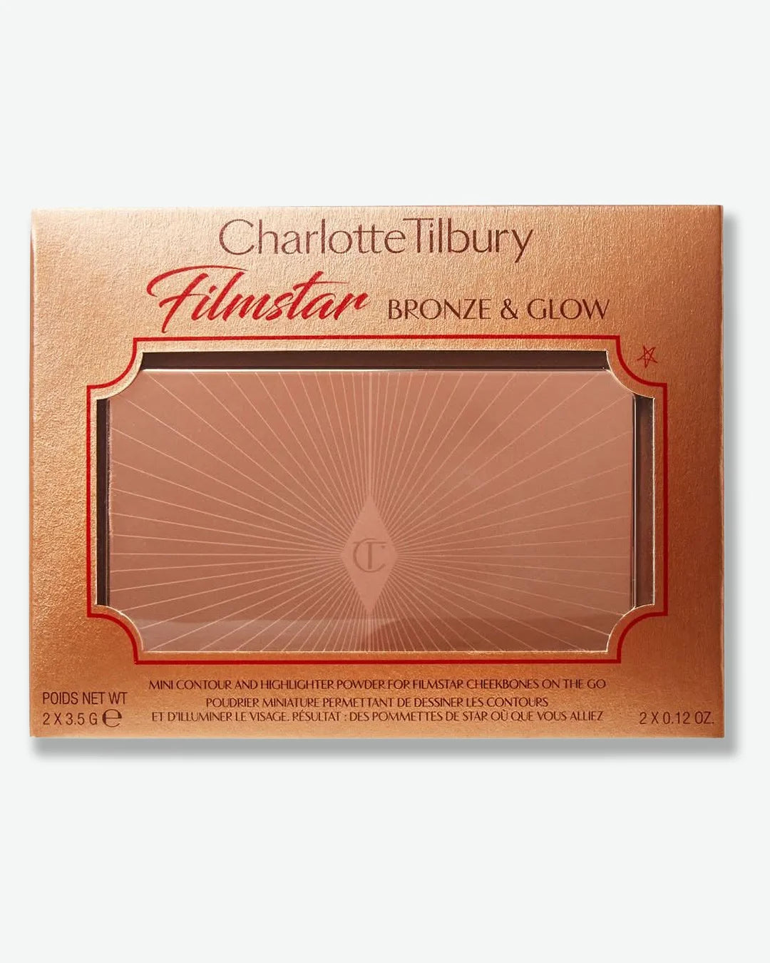 Charlotte Tilbury Filmstar Bronze & Glow packaging with clear window showing product inside on a white background