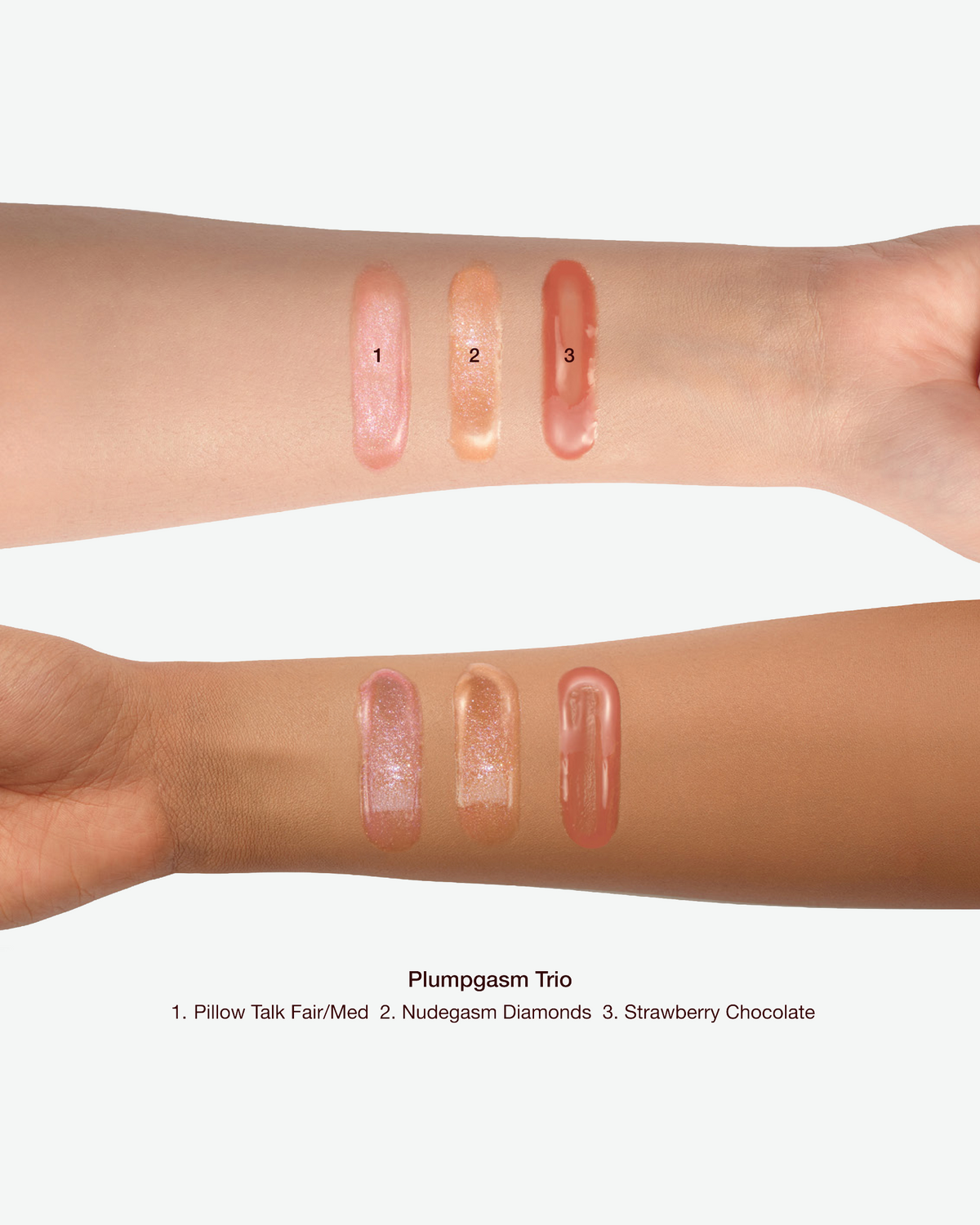 Charlotte Tilbury Plumpgasm Trio swatches shown on two skin tones: Pillow Talk Fair/Med, Nudegasm Diamonds, and Strawberry Chocolate.