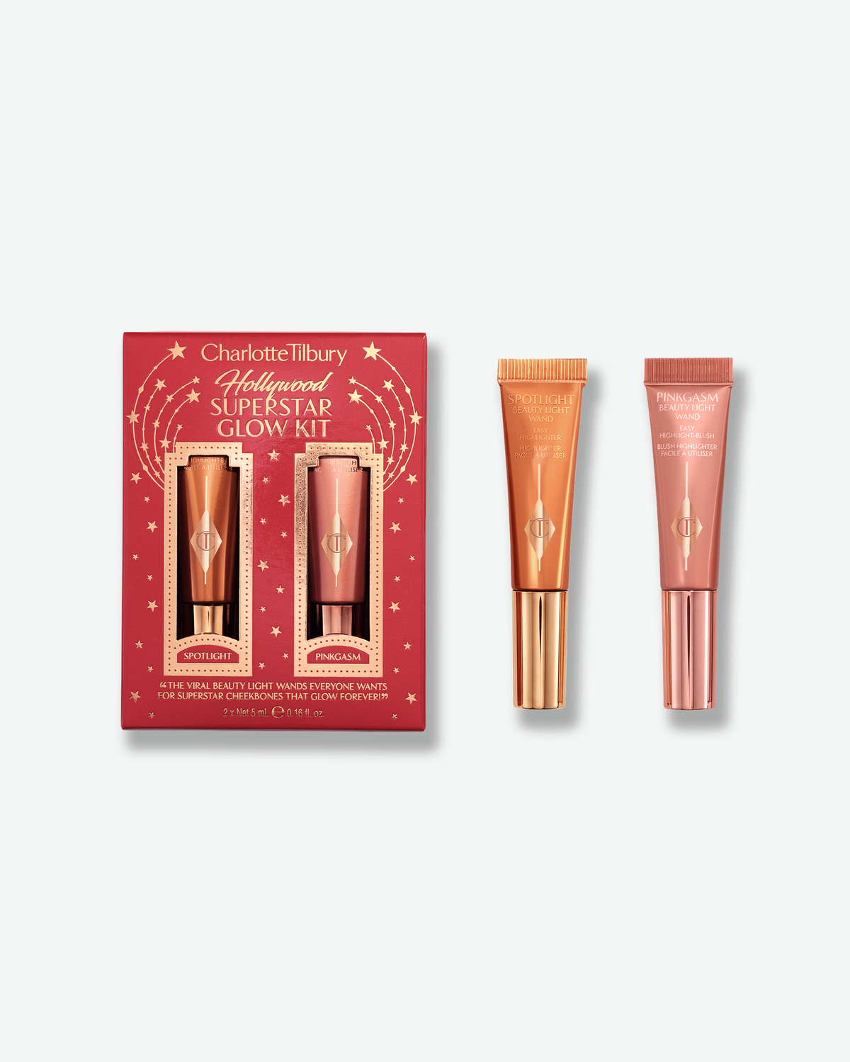 Charlotte Tilbury Hollywood Superstar Glow Kit with Spotlight and Pinkgasm Beauty Light Wands.