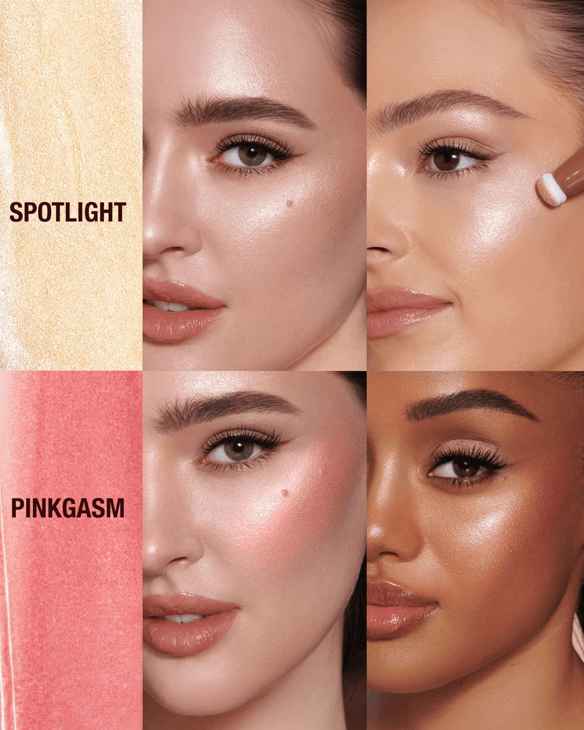 Charlotte Tilbury Spotlight and Pinkgasm Beauty Light Wand shades shown on multiple complexions.