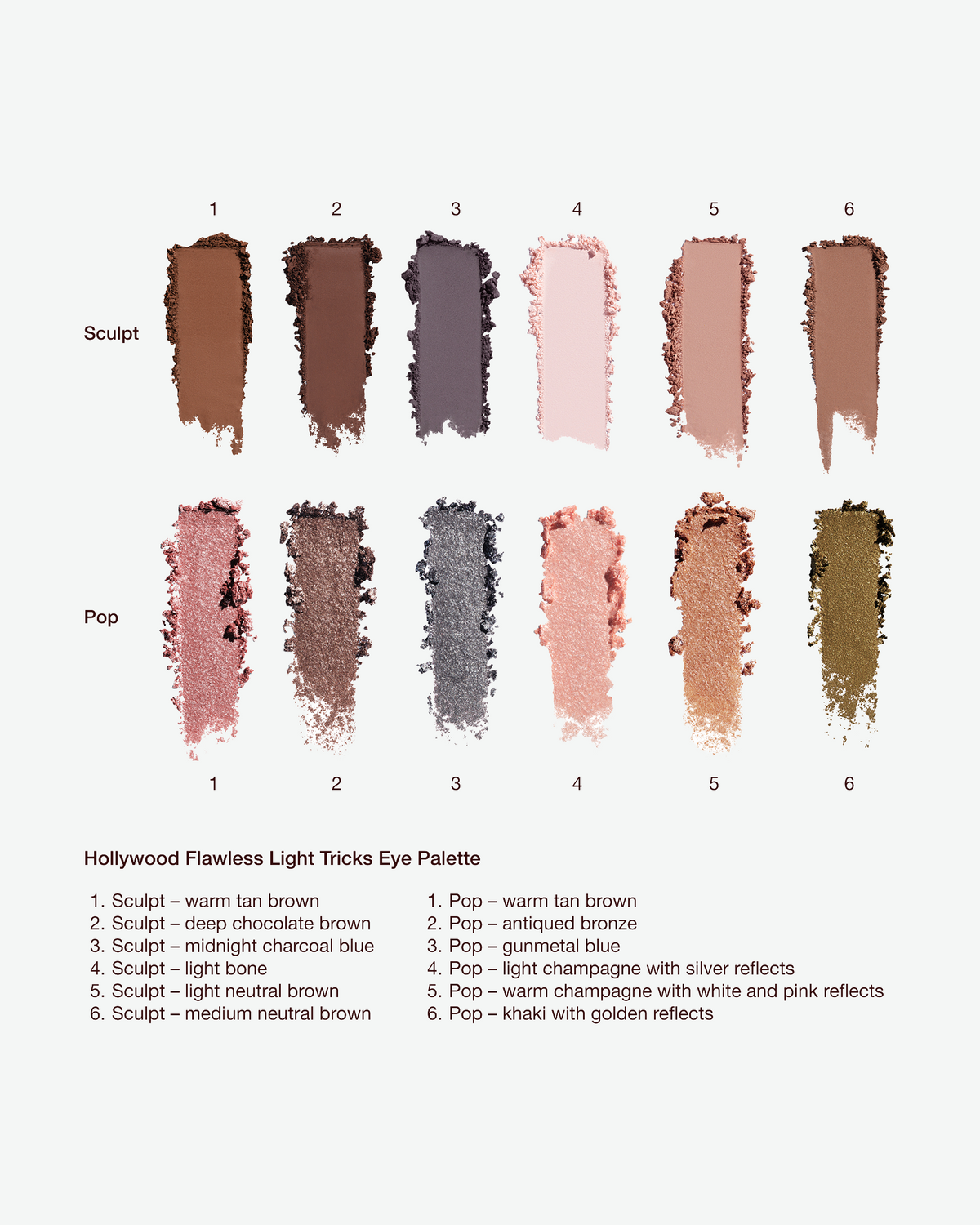Swatches of the 12 Charlotte Tilbury Hollywood Flawless Light Tricks Eye Palette shades, including matte sculpting tones and shimmering pop shades.