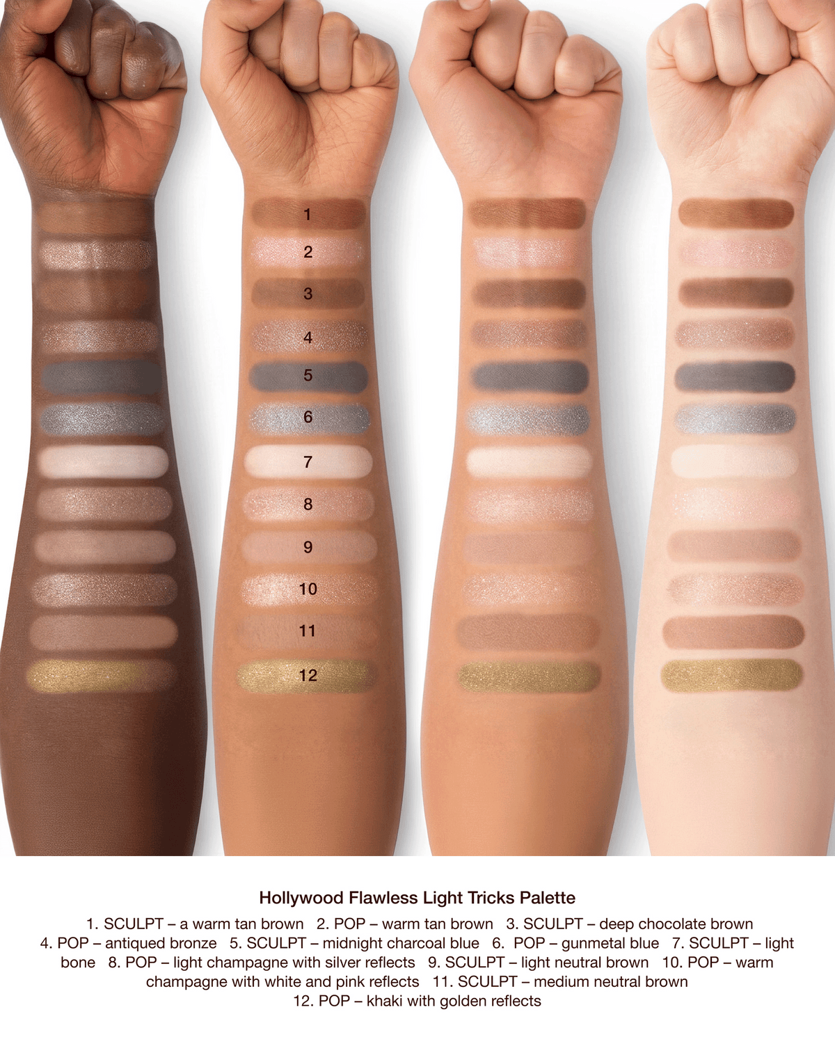 Charlotte Tilbury Hollywood Flawless Light Tricks Eye Palette swatched across four different skin tones.