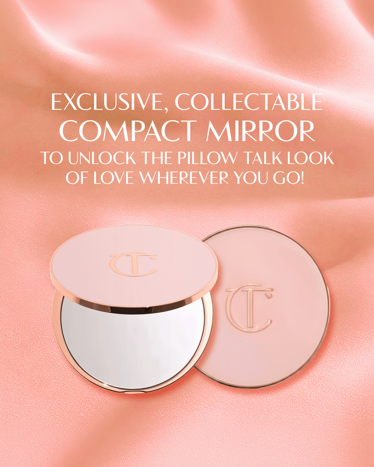 Charlotte Tilbury pink compact mirror displayed open and closed on a silky blush-pink background.