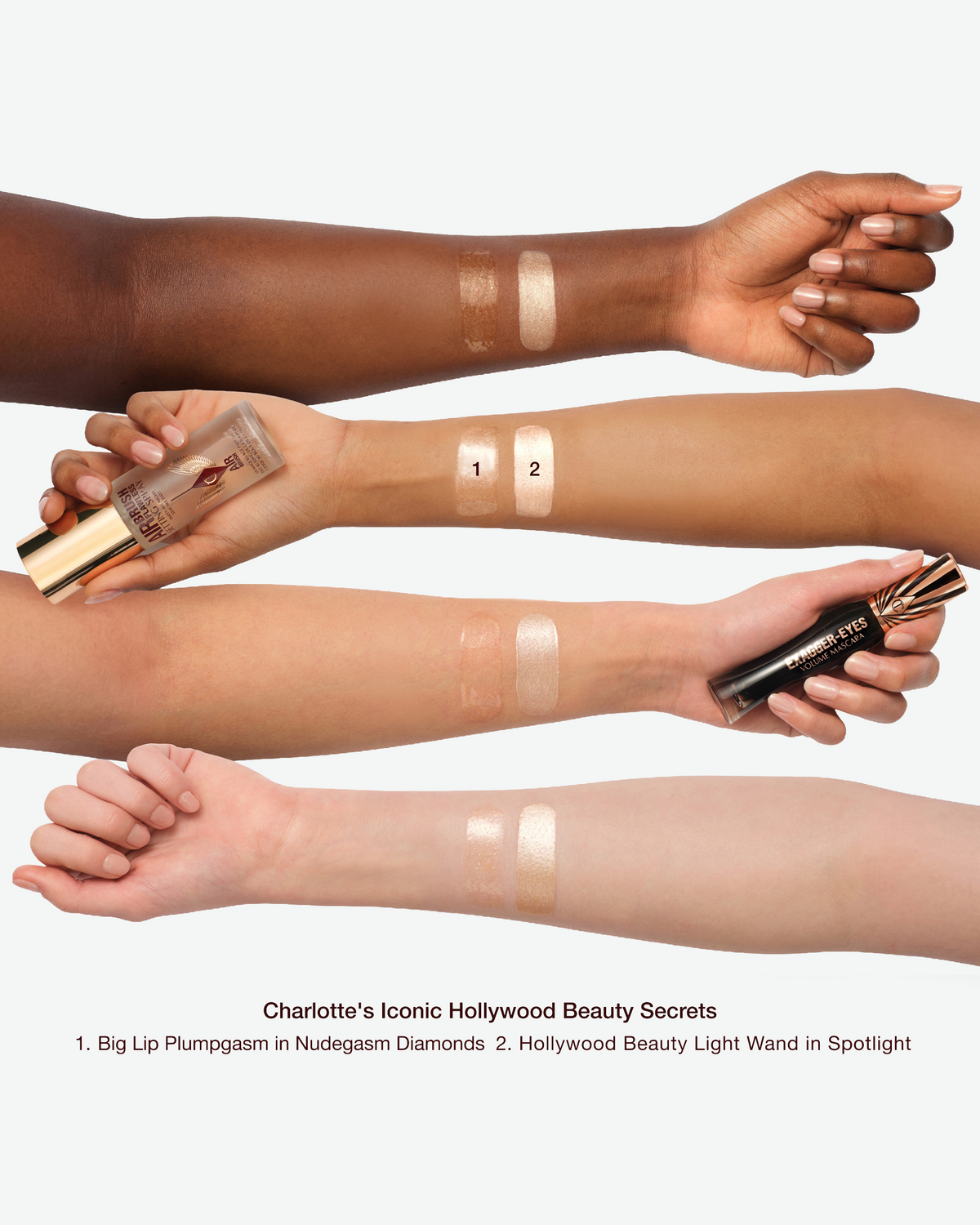 Swatches of Charlotte’s Iconic Hollywood Beauty Secrets shades shown across a range of skin tones, including Big Lip Plumpgasm and Beauty Light Wand.