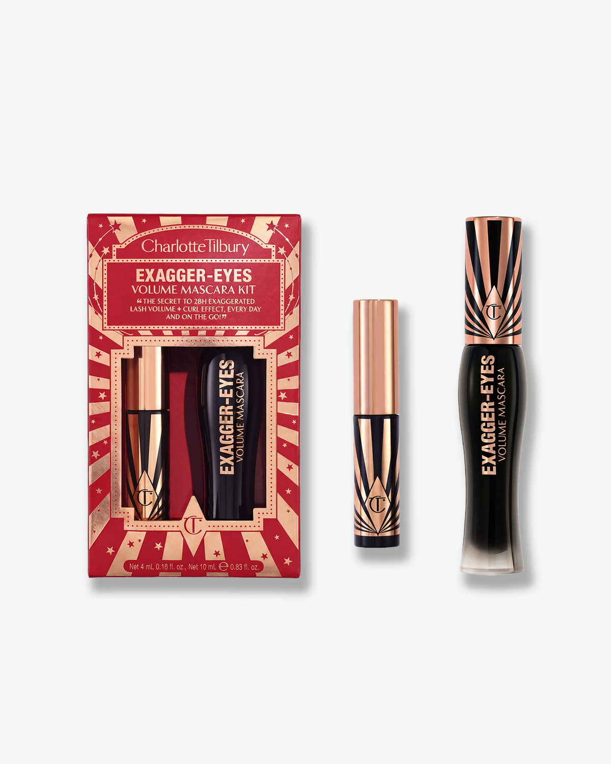 Charlotte Tilbury Exagger-Eyes Volume Mascara Kit featuring full-size mascara and a mini mascara in limited-edition holiday packaging.