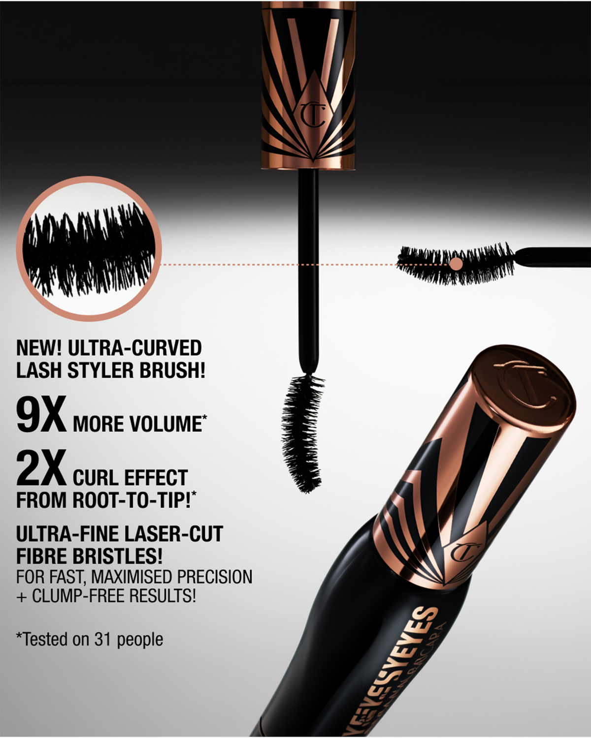 Charlotte Tilbury Exagger-Eyes Volume Mascara with ultra-curved lash styler brush, designed for enhanced volume, curl, and precise application.