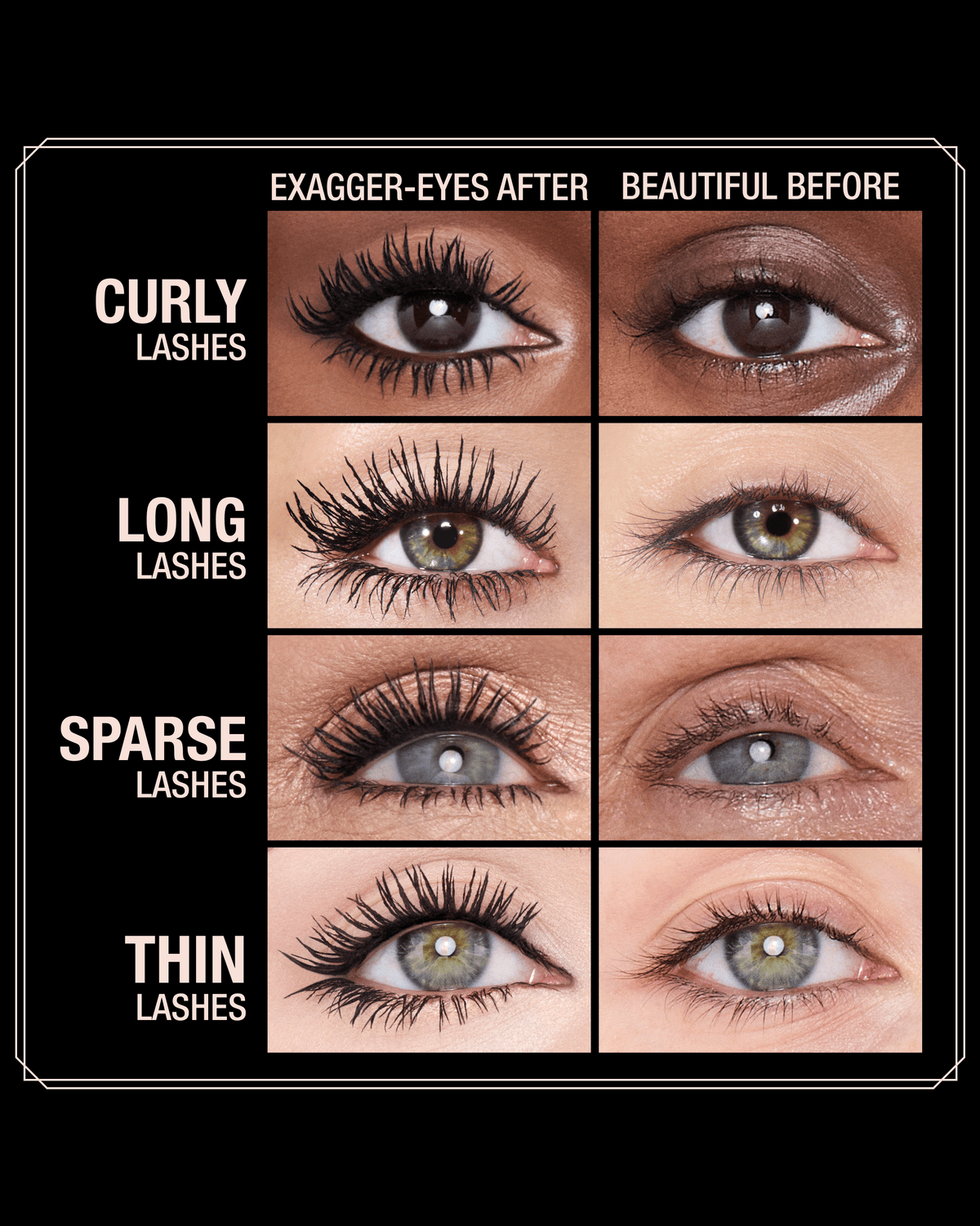 Before-and-after lash comparisons showing the volumizing, lengthening, and curling effect of Charlotte Tilbury Exagger-Eyes Volume Mascara across different lash types.