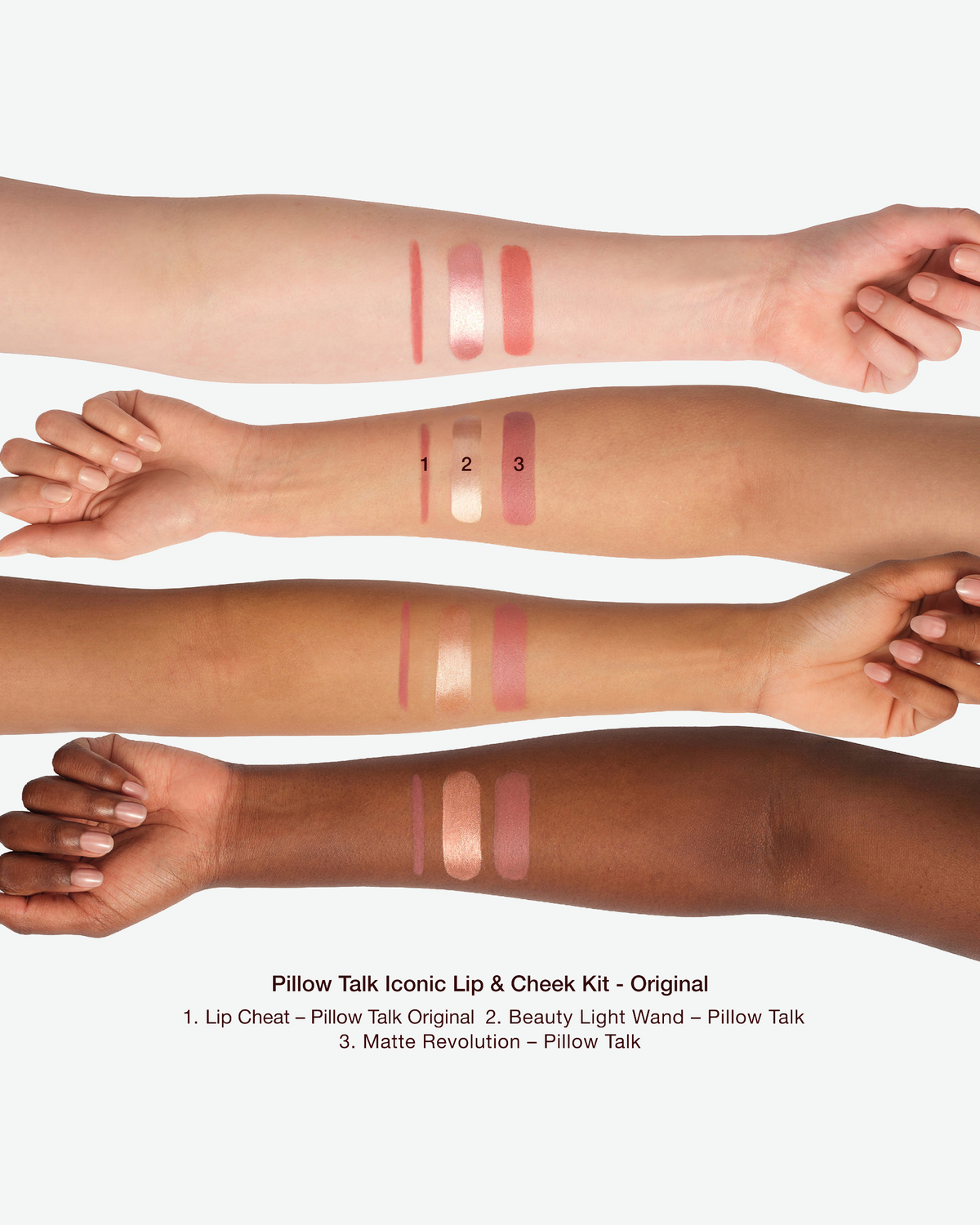Charlotte Tilbury Pillow Talk Original swatches shown across four skin tones, featuring Lip Cheat, Beauty Light Wand, and Matte Revolution lipstick.