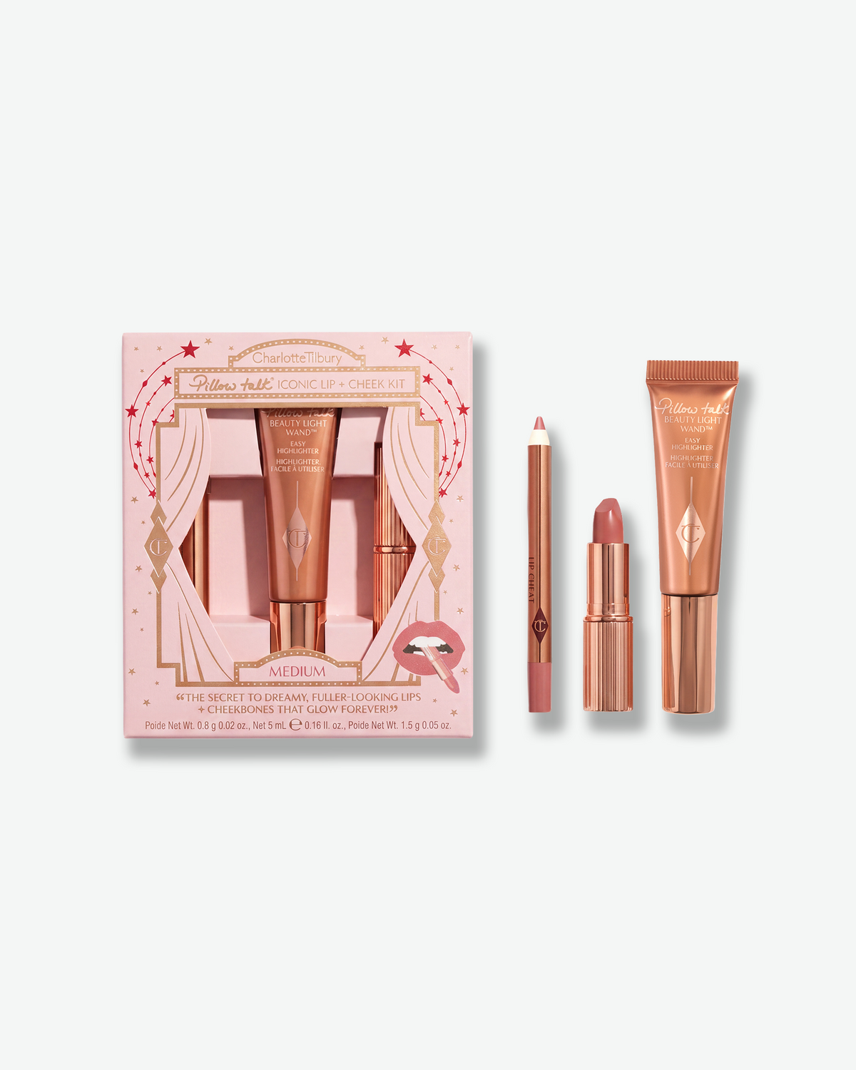 Charlotte Tilbury Pillow Talk Iconic Lip + Cheek Kit in Medium with gift packaging, Lip Cheat lip liner, Matte Revolution lipstick, and Beauty Light Wand.