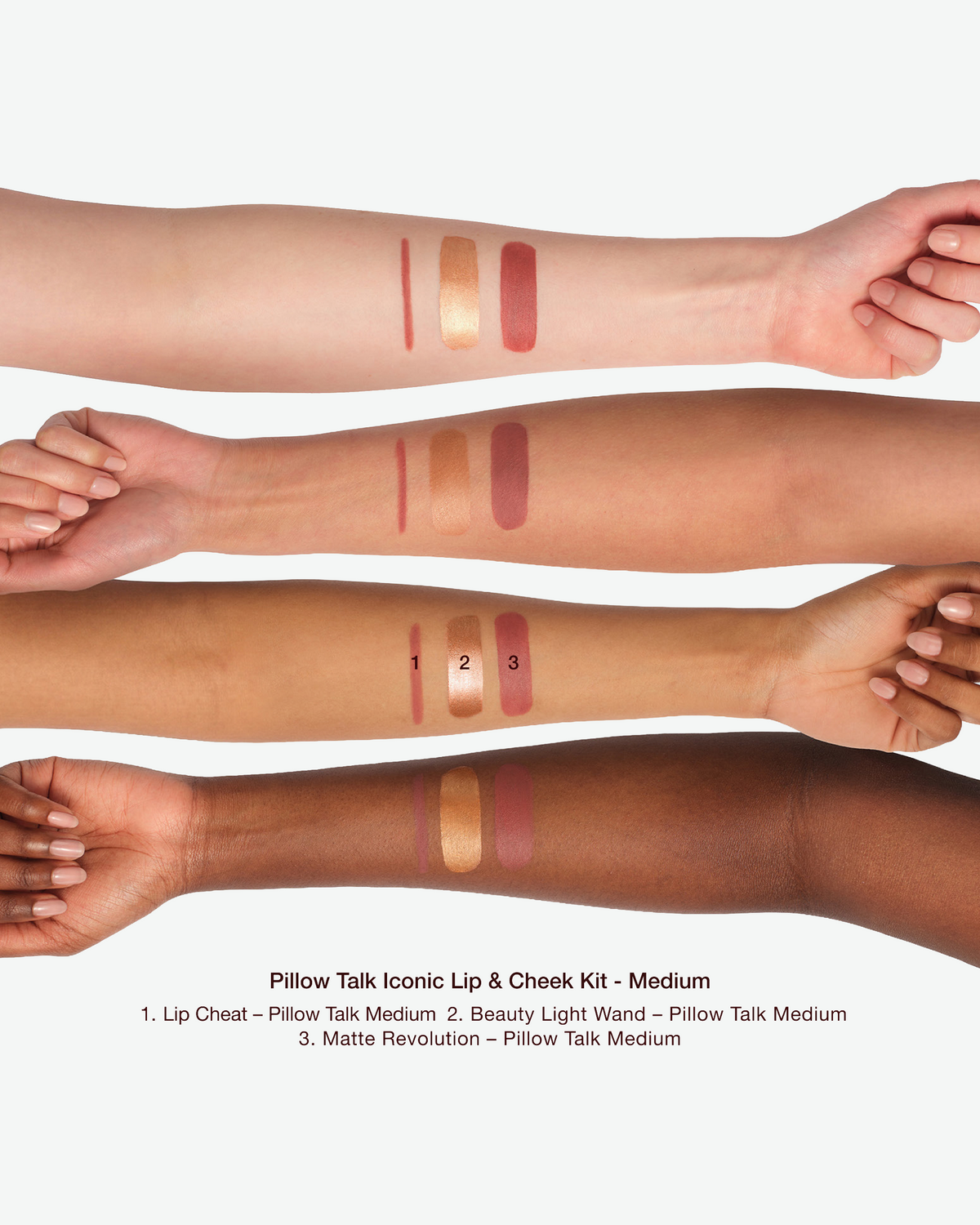 Charlotte Tilbury Pillow Talk Medium swatches shown across four skin tones, featuring Lip Cheat, Beauty Light Wand, and Matte Revolution lipstick.