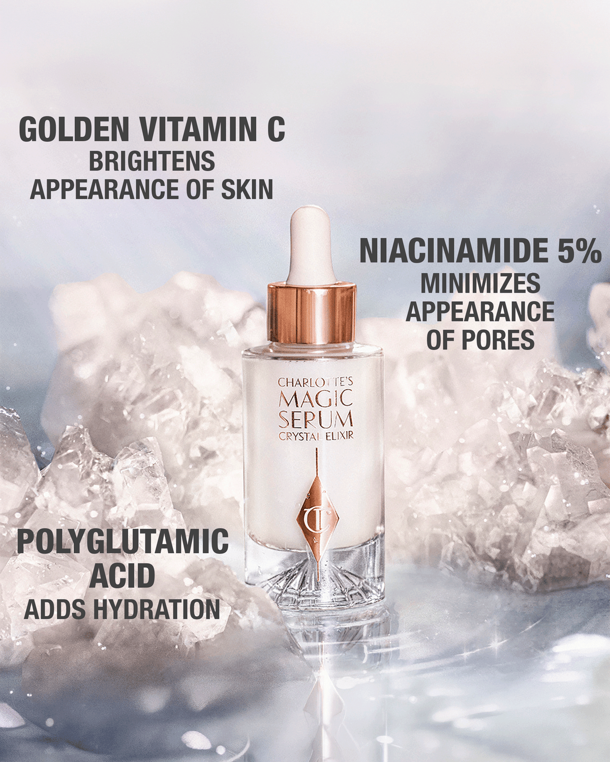 Charlotte’s Magic Serum Crystal Elixir surrounded by crystals, highlighting Golden Vitamin C, 5% niacinamide, and polyglutamic acid.
