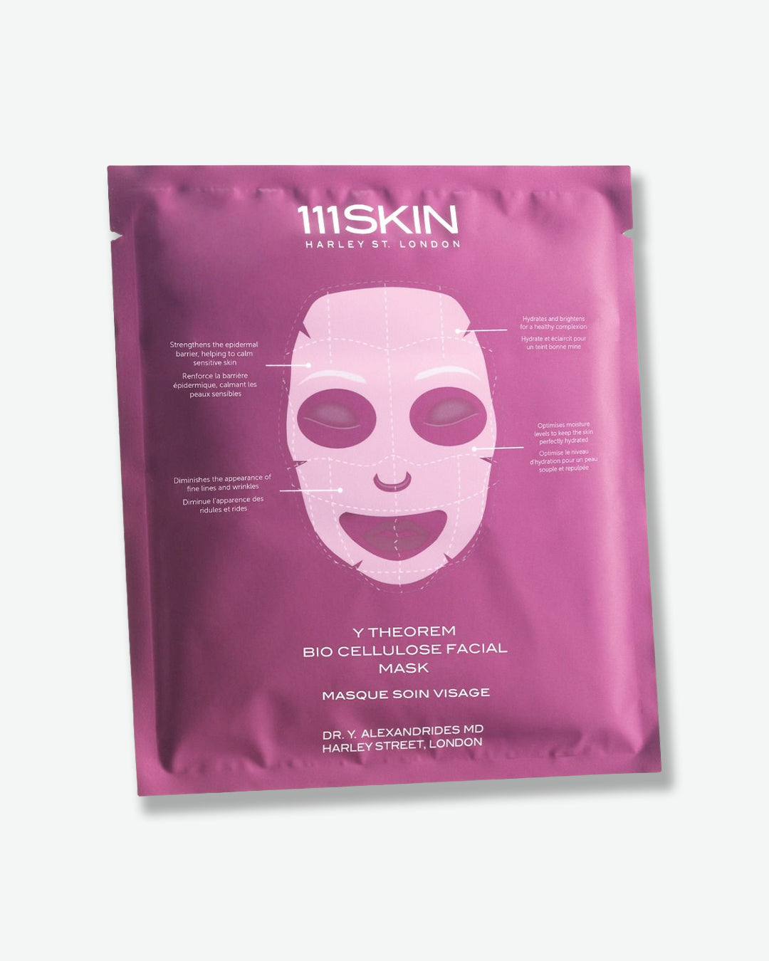 Purple facial mask packaging with '111SKIN' branding on a white background